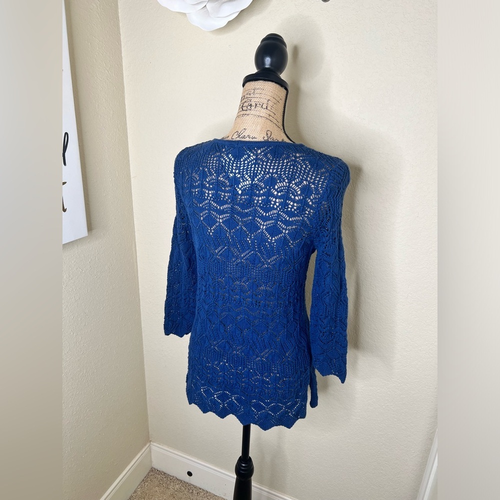 NTM Jeanne Pierre Blue Crochet Pullover Sweater NWT Scoop Neck 3/4 Sleeve Small - Picture 12 of 15